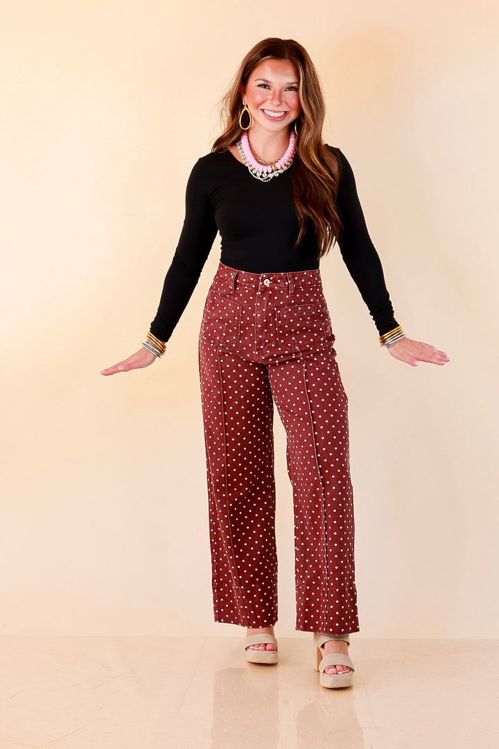 Rosy Outlook Polka Dot Print Wide Leg Denim Pants with Front Seam and Pockets in Maroon