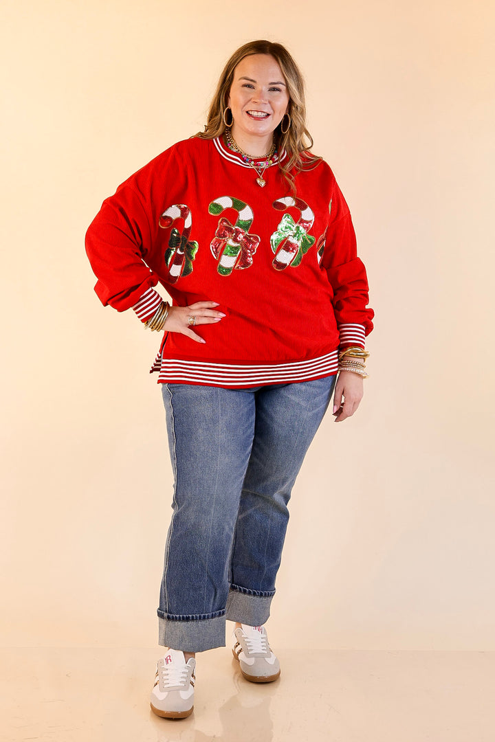 Candy Cane Lane Corduroy Crewneck Top with Side Slits and Sequin Candy Canes with Bows in Red