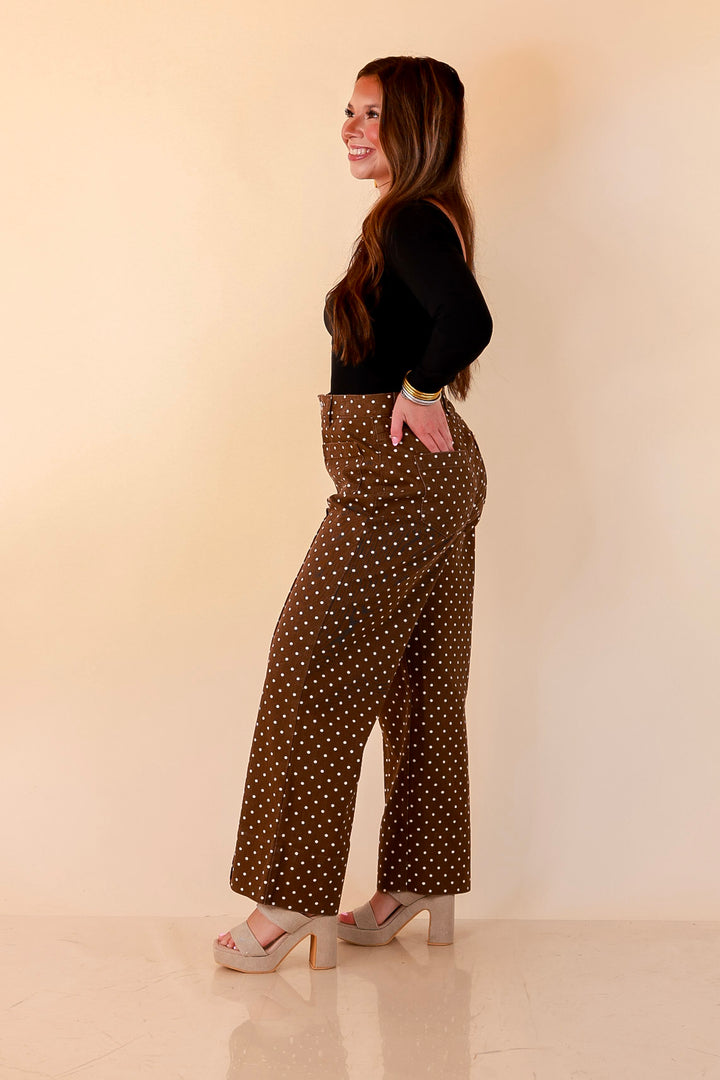 Rosy Outlook Polka Dot Print Wide Leg Denim Pants with Front Seam and Pockets in Chocolate Brown