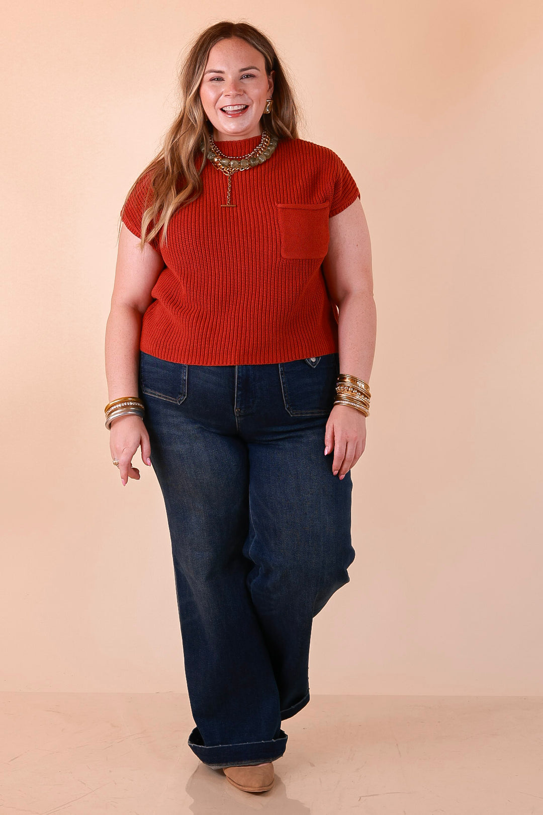 Repeat Worthy Cap Sleeve Cropped Sweater with Front Pocket in Rust Orange