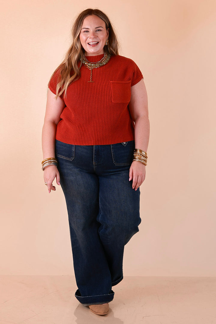 Repeat Worthy Cap Sleeve Cropped Sweater with Front Pocket in Rust Orange