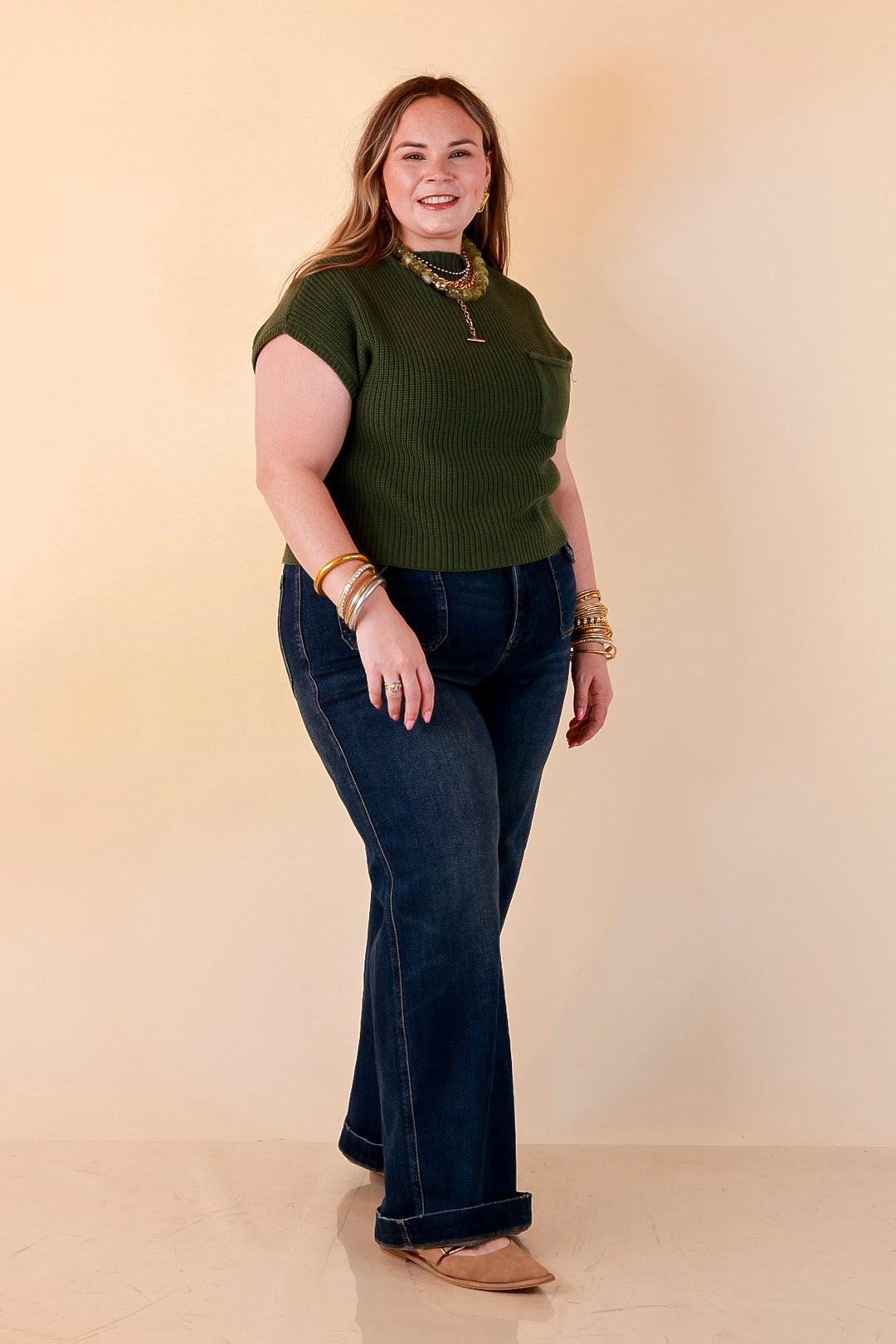 Repeat Worthy Cap Sleeve Cropped Sweater with Front Pocket in Olive Green
