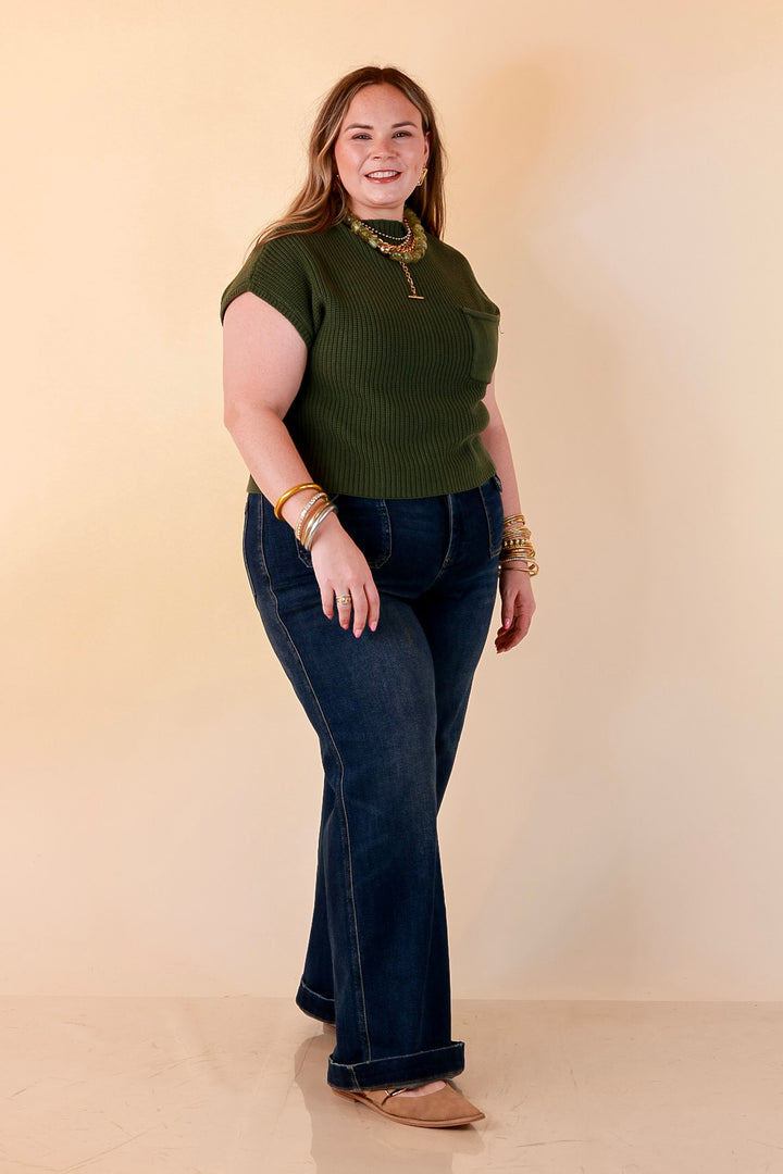 Repeat Worthy Cap Sleeve Cropped Sweater with Front Pocket in Olive Green