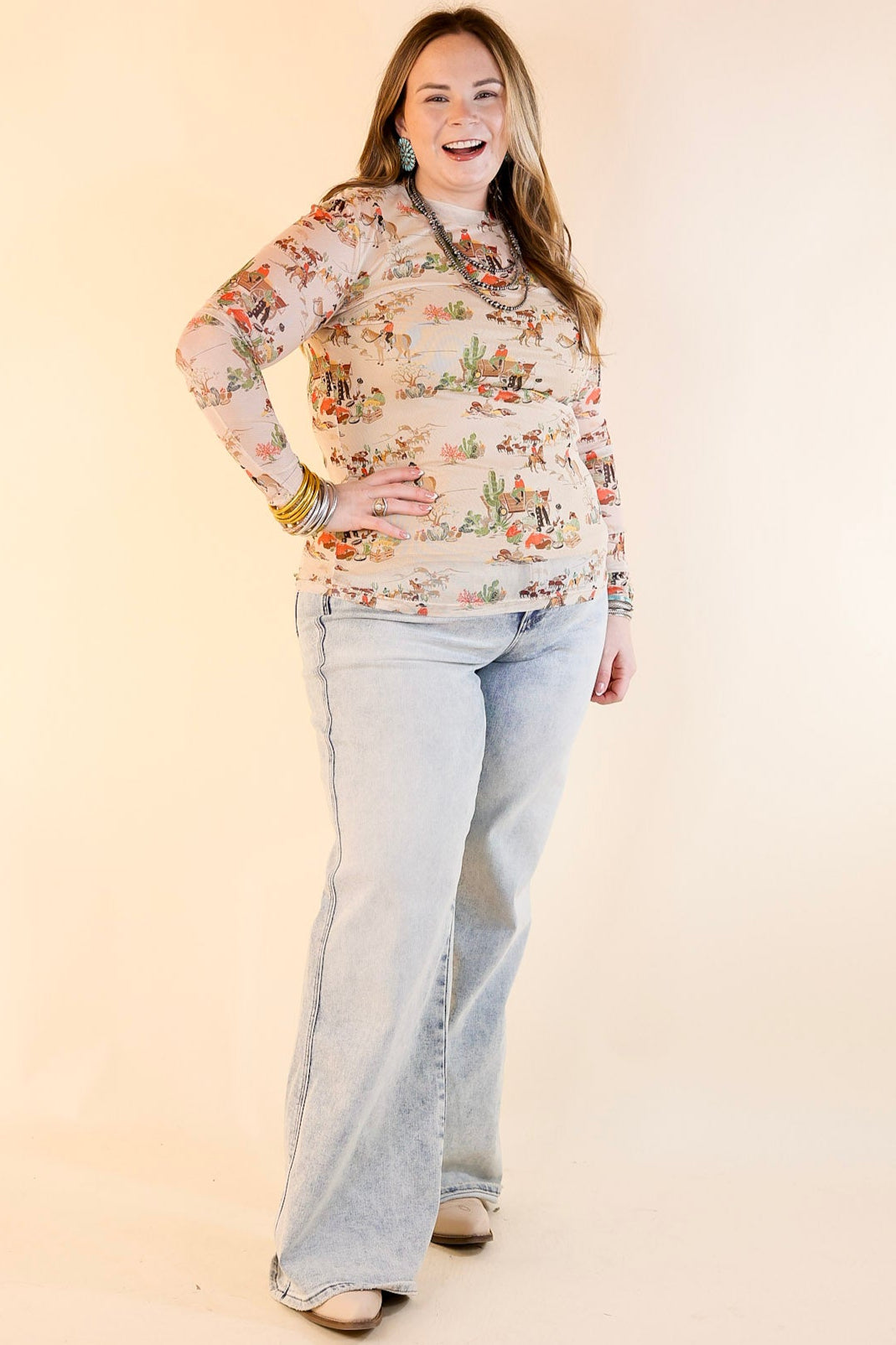 Western Dream Mesh Long Sleeve Top with Retro Western Print in Tan