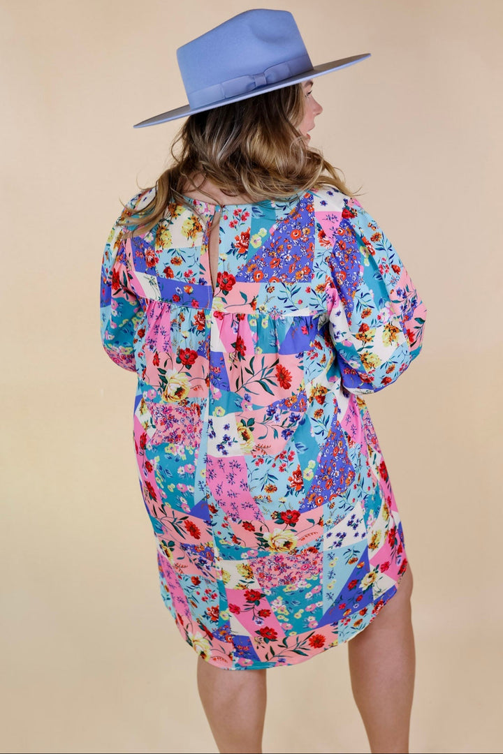 Floral Paradise Floral Patch Pattern Dress in Blue and Pink - Giddy Up Glamour Boutique