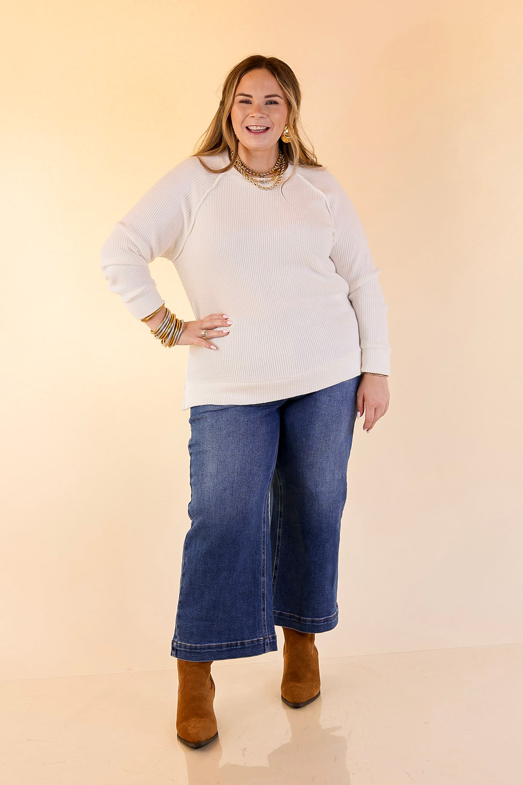 Essentially Chic Waffle Knit Long Sleeve Scoop Neck Top in Ivory