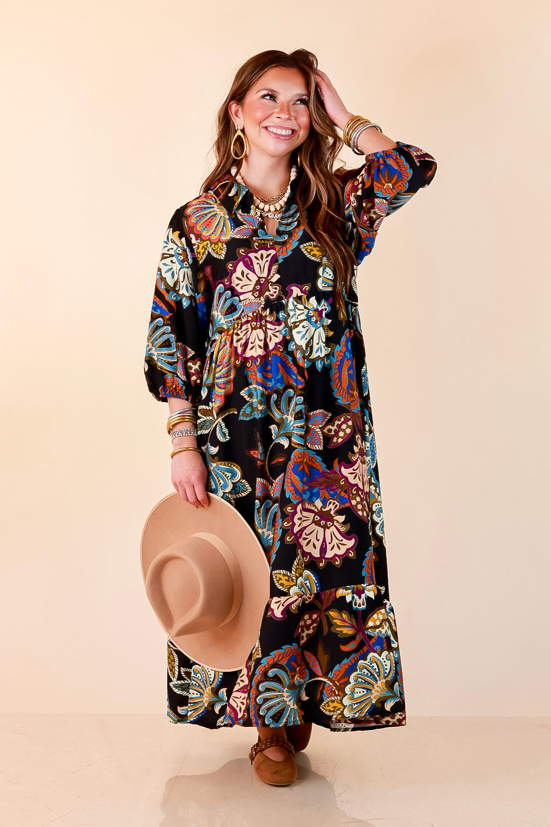 Season of Style Floral Print V Neck 3/4 Sleeve Collared Tiered Midi Dress in Black Multi