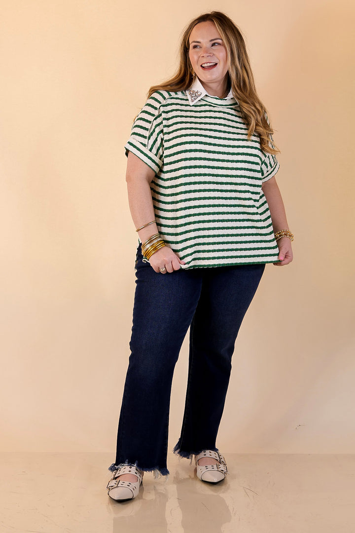 On The Daily Scoop Neck Short Sleeve Striped Textured Top in Kelly Green