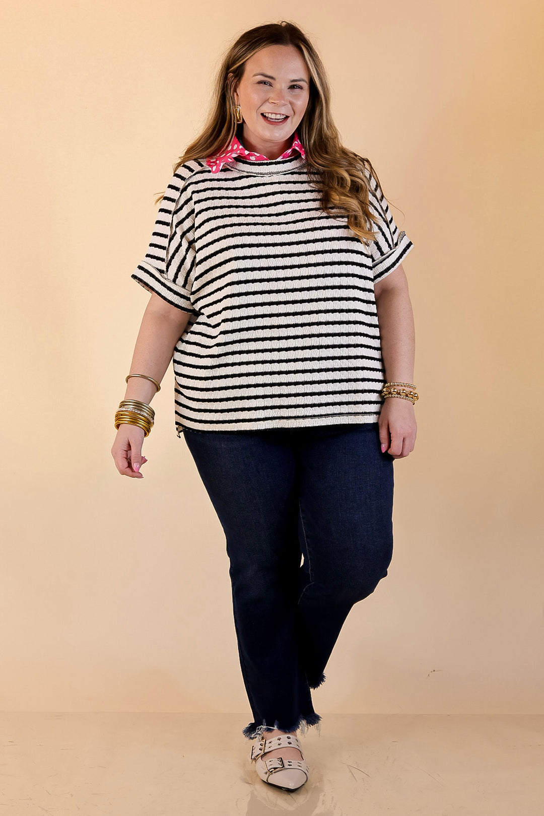 On The Daily Scoop Neck Short Sleeve Striped Textured Top in Black