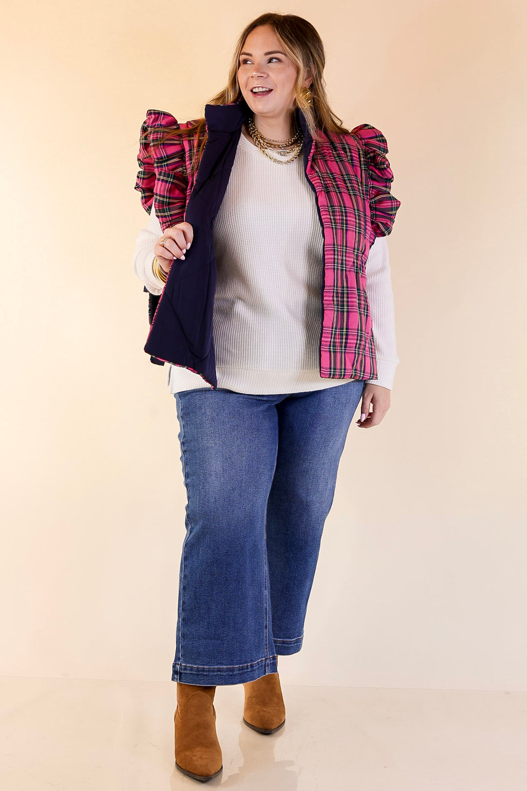 Mud Pie | Jefferies Quilted Plaid Reversible Vest with Ruffle Cap Sleeves and Bow Side Closure in Pink
