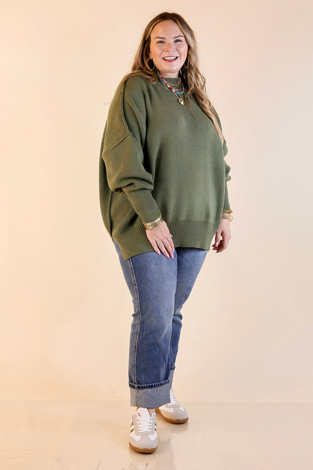 Snug and Stylish Mock Neck Sweater with Side Slit in Olive Green