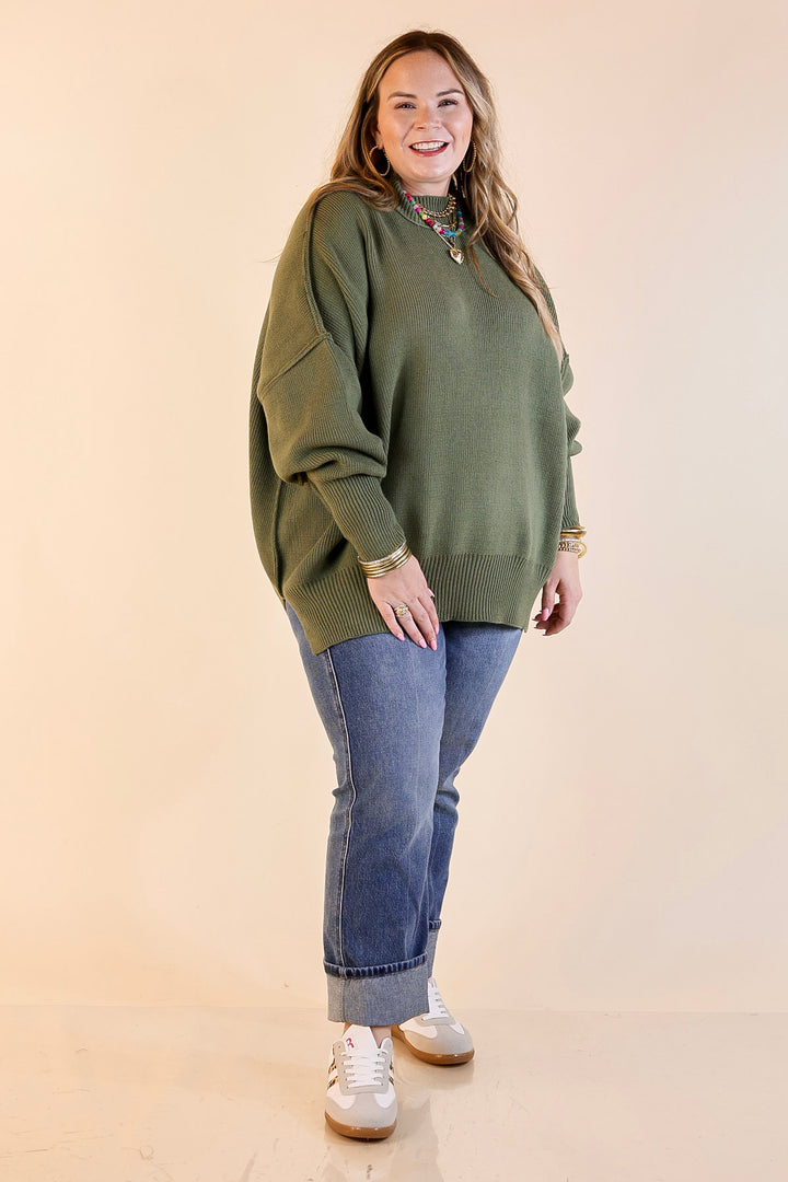 Snug and Stylish Mock Neck Sweater with Side Slit in Olive Green