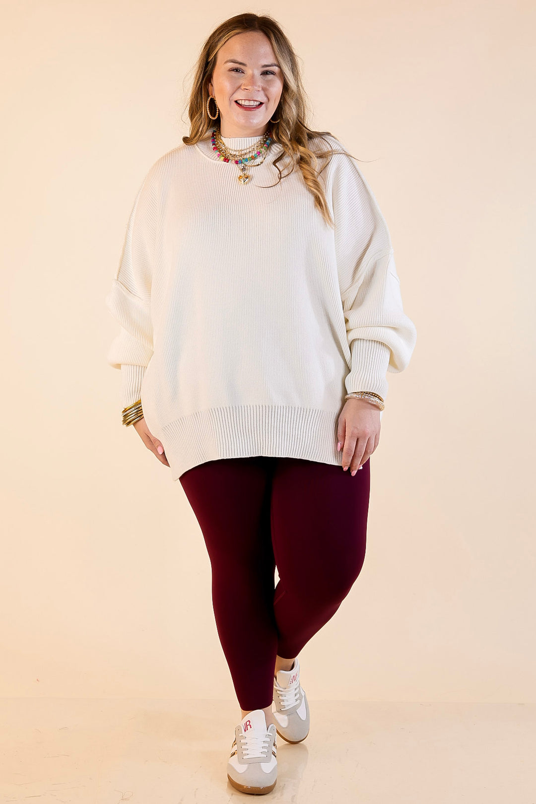 Snug and Stylish Mock Neck Sweater with Side Slit in Ivory