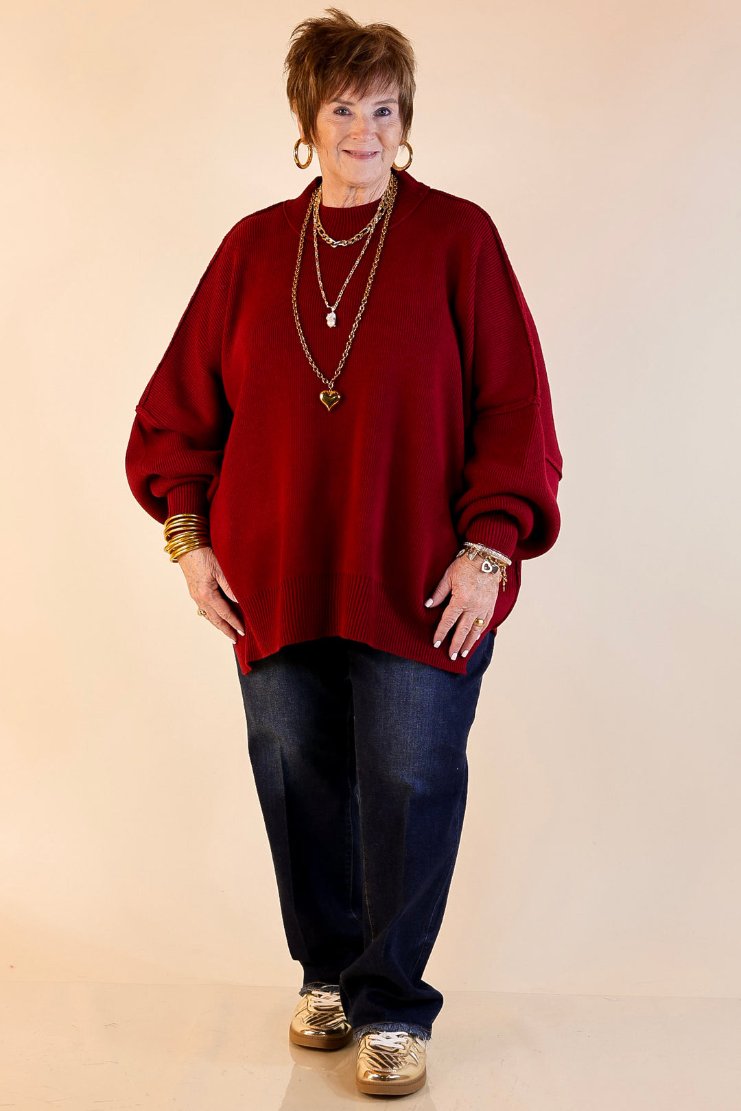 Snug and Stylish Mock Neck Sweater with Side Slit in Maroon