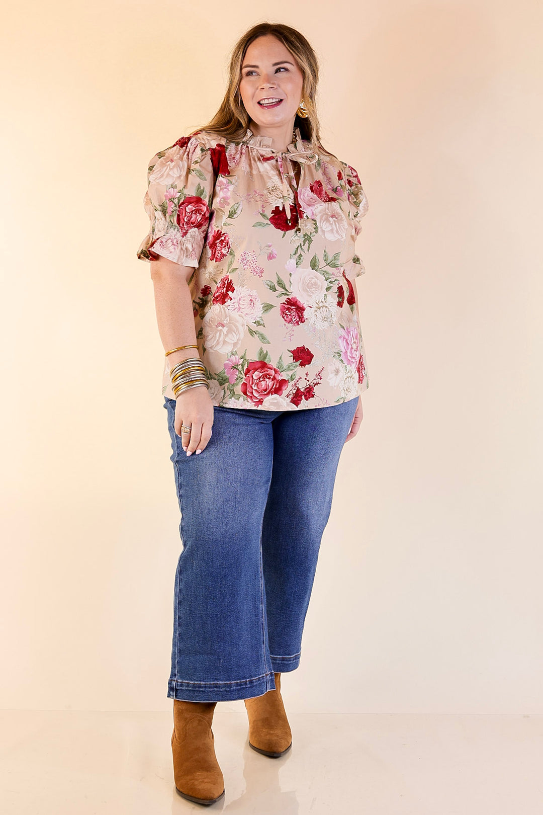Freshly Picked Floral Print Top with Short Puff Sleeves in Beige