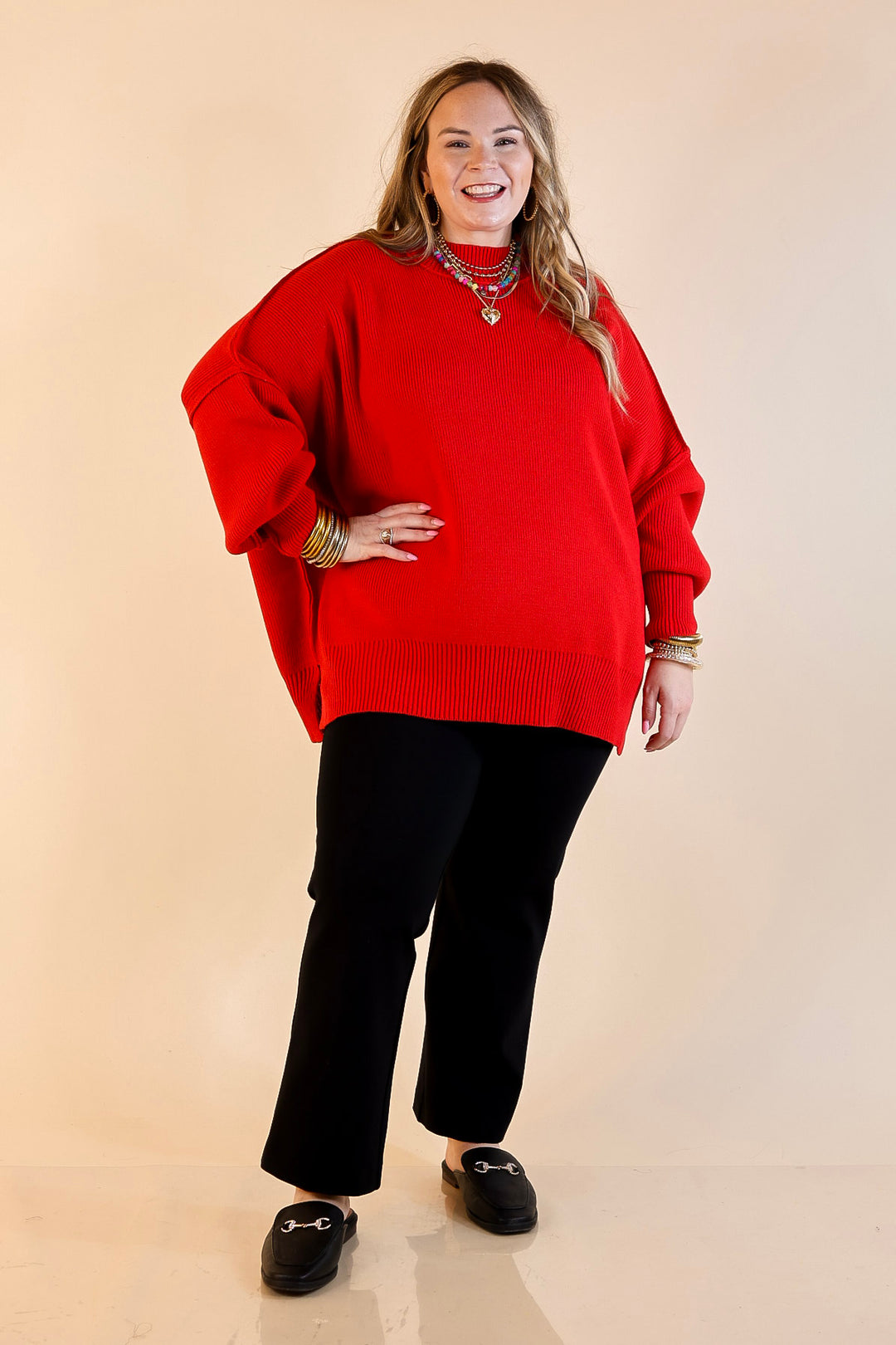 Snug and Stylish Mock Neck Sweater with Side Slit in Ruby Red