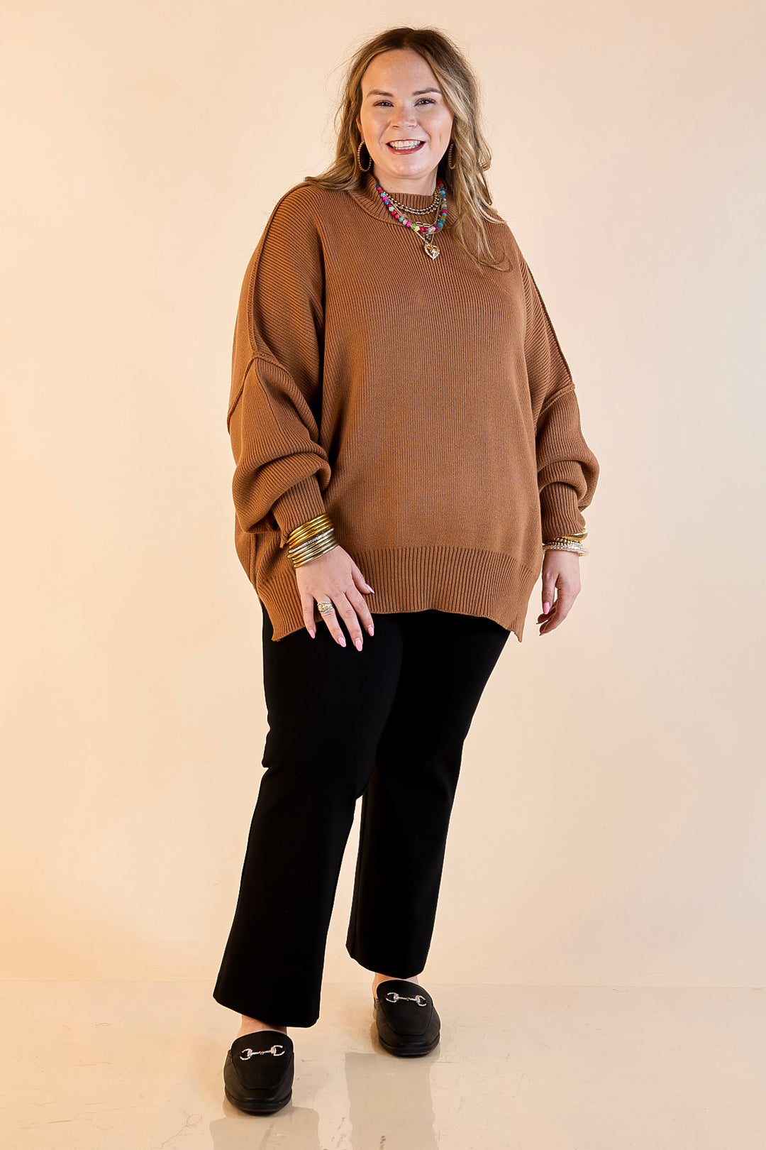 Snug and Stylish Mock Neck Sweater with Side Slit in Camel Brown