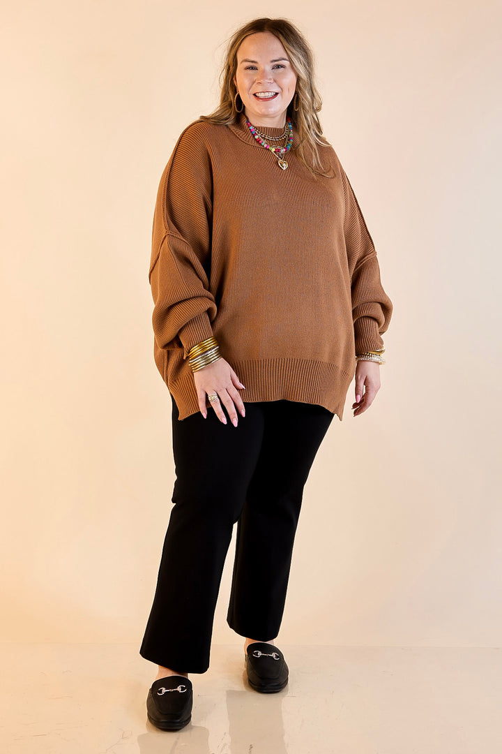 Snug and Stylish Mock Neck Sweater with Side Slit in Camel Brown