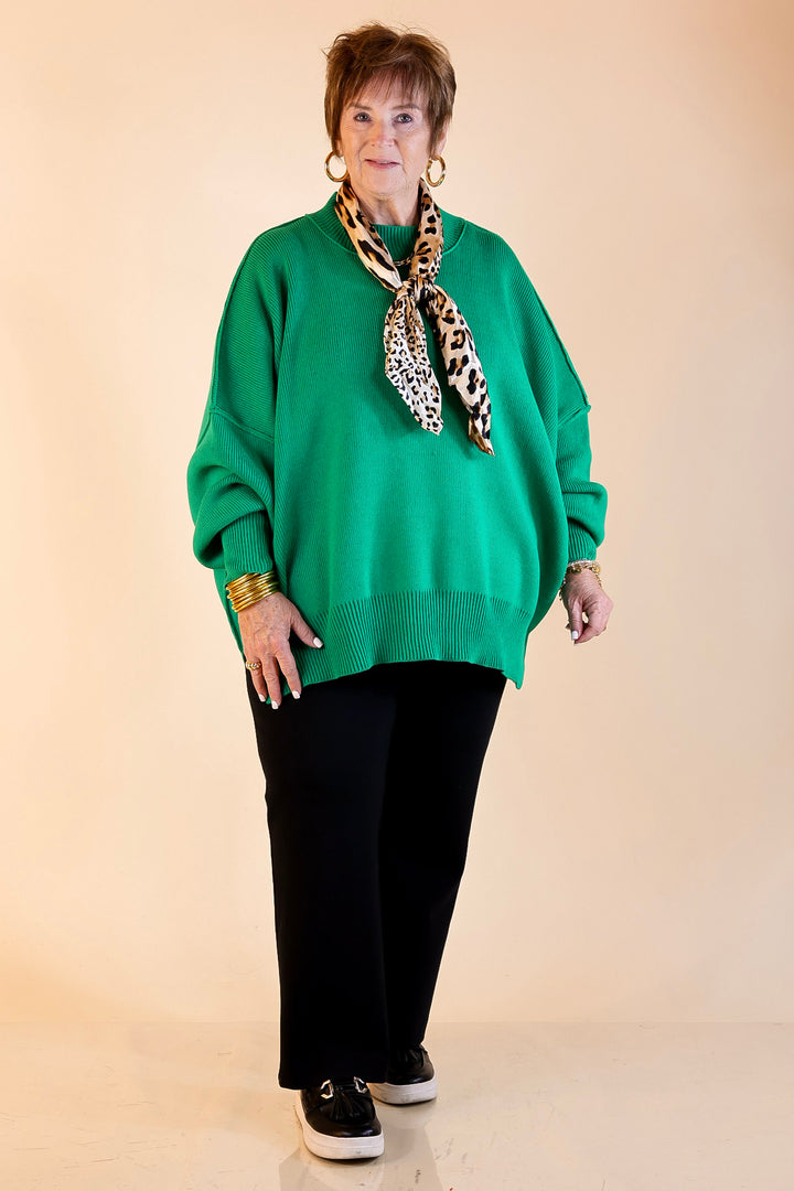 Snug and Stylish Mock Neck Sweater with Side Slit in Kelly Green