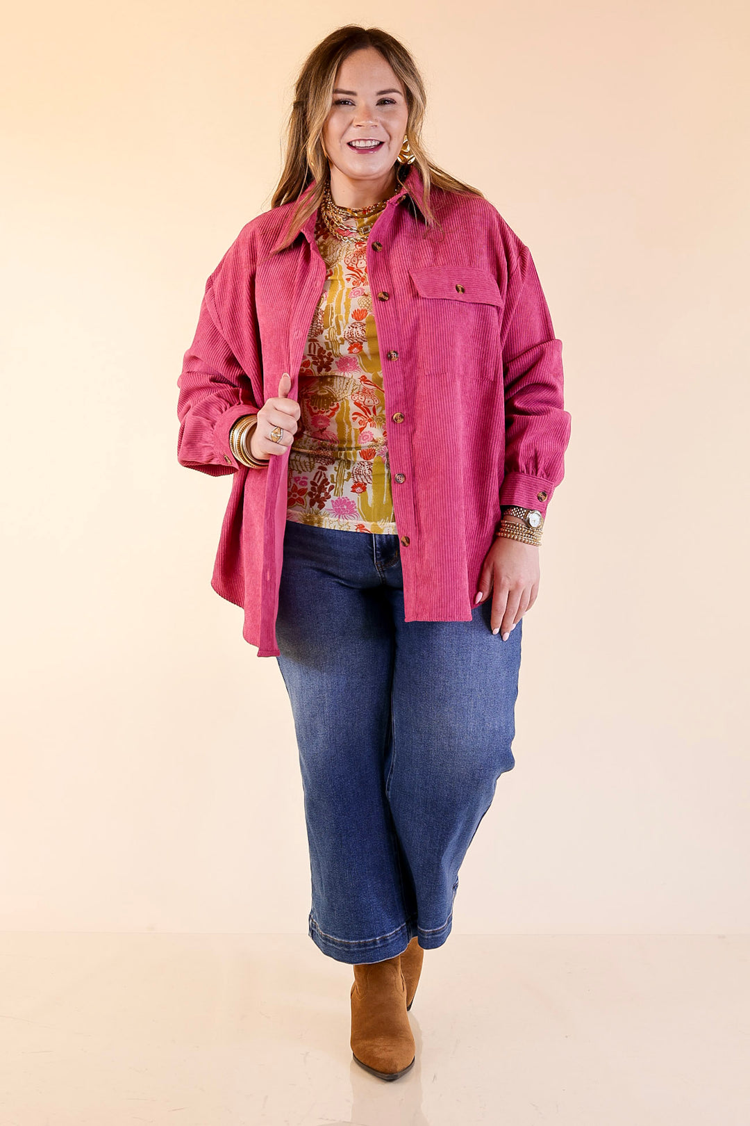 All Dolled Up Button Up Corduroy Shacket in Orchid Pink