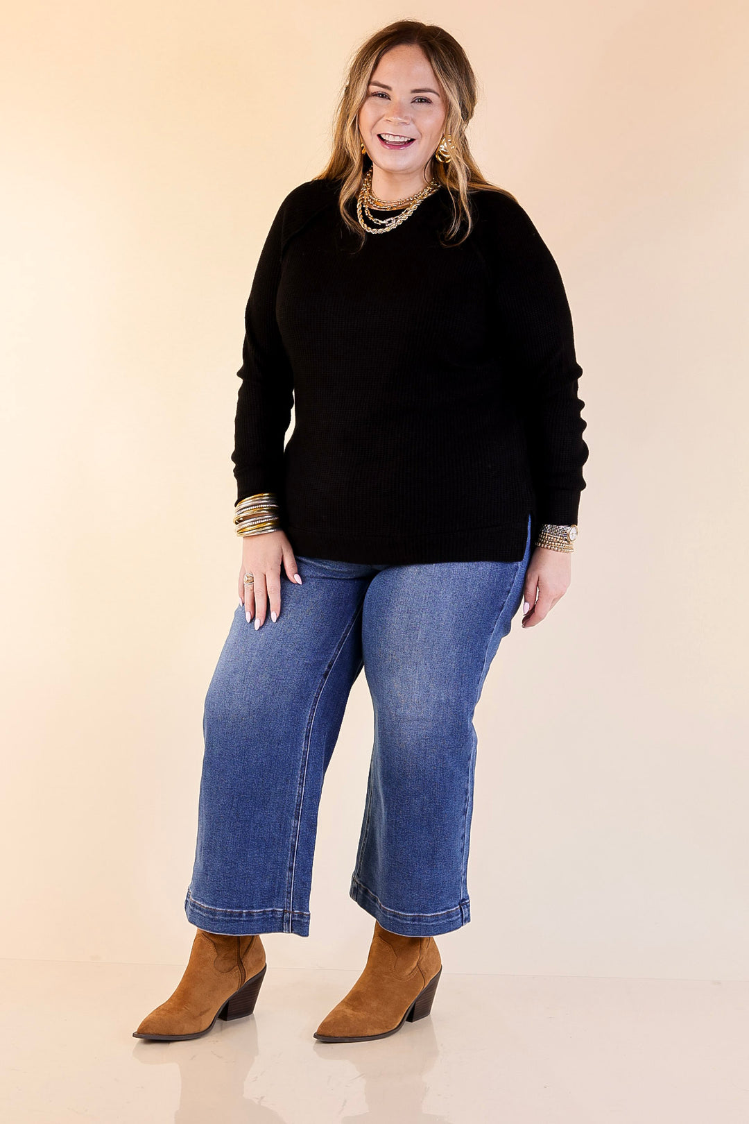 Essentially Chic Waffle Knit Long Sleeve Scoop Neck Top in Black