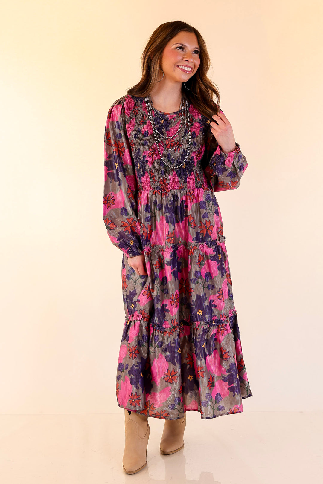 Mud Pie | Shaffer Smocked Bodice Long Sleeve Midi Dress with Tiered Skirt in Pink Mix