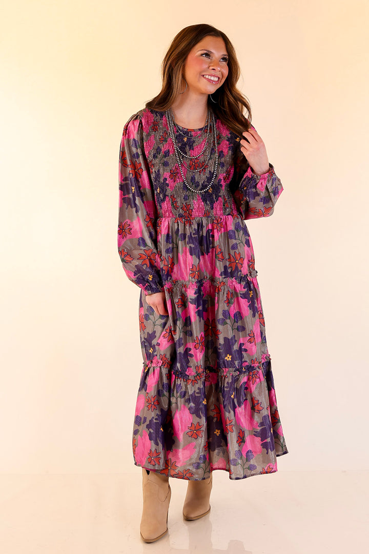 Mud Pie | Shaffer Smocked Bodice Long Sleeve Midi Dress with Tiered Skirt in Pink Mix