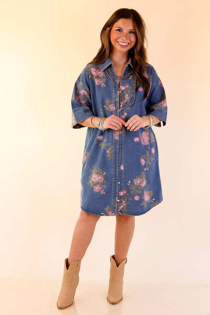 Flirting with Florals Floral Denim Shirt Dress with Gold Button Detail in Classic Blue Denim