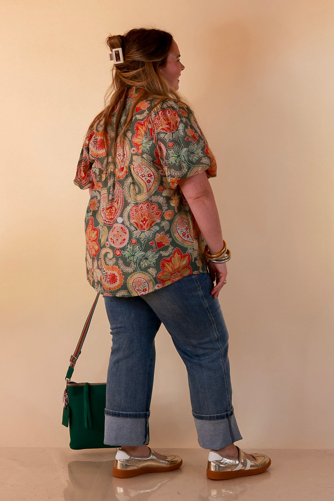 Blooming Days Ahead Paisley Print V Neck Blouse with Puff Sleeves, Ruffle Trim Collar and Lace Trim Yoke in Olive Green Mix