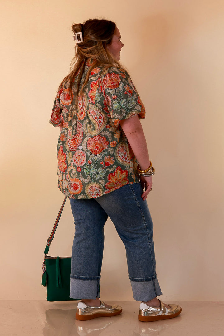 Blooming Days Ahead Paisley Print V Neck Blouse with Puff Sleeves, Ruffle Trim Collar and Lace Trim Yoke in Olive Green Mix