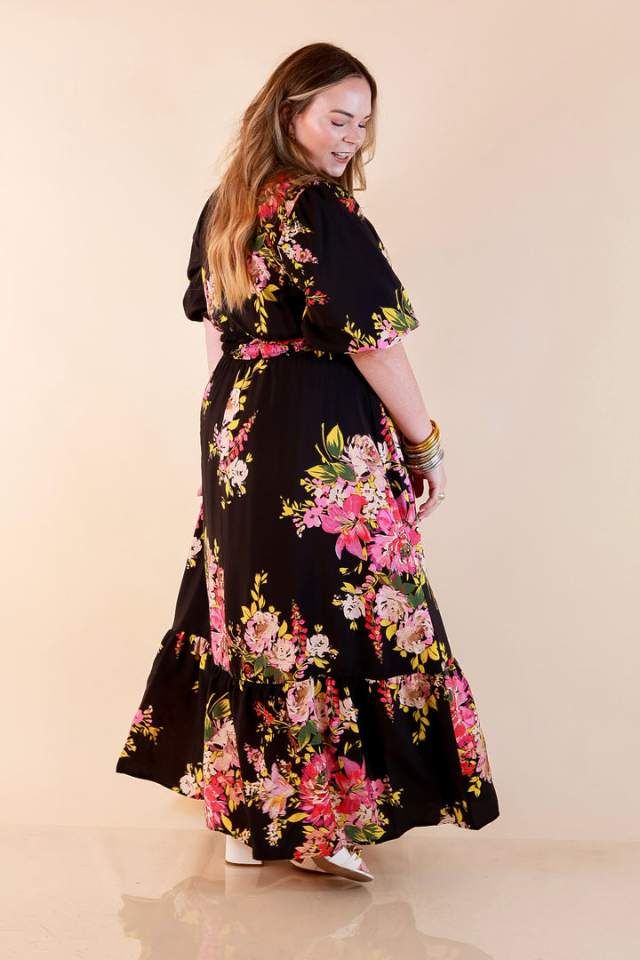 Reserved for Brunch Puff Sleeve Smocked Waist Floral Maxi Dress in Black Multi