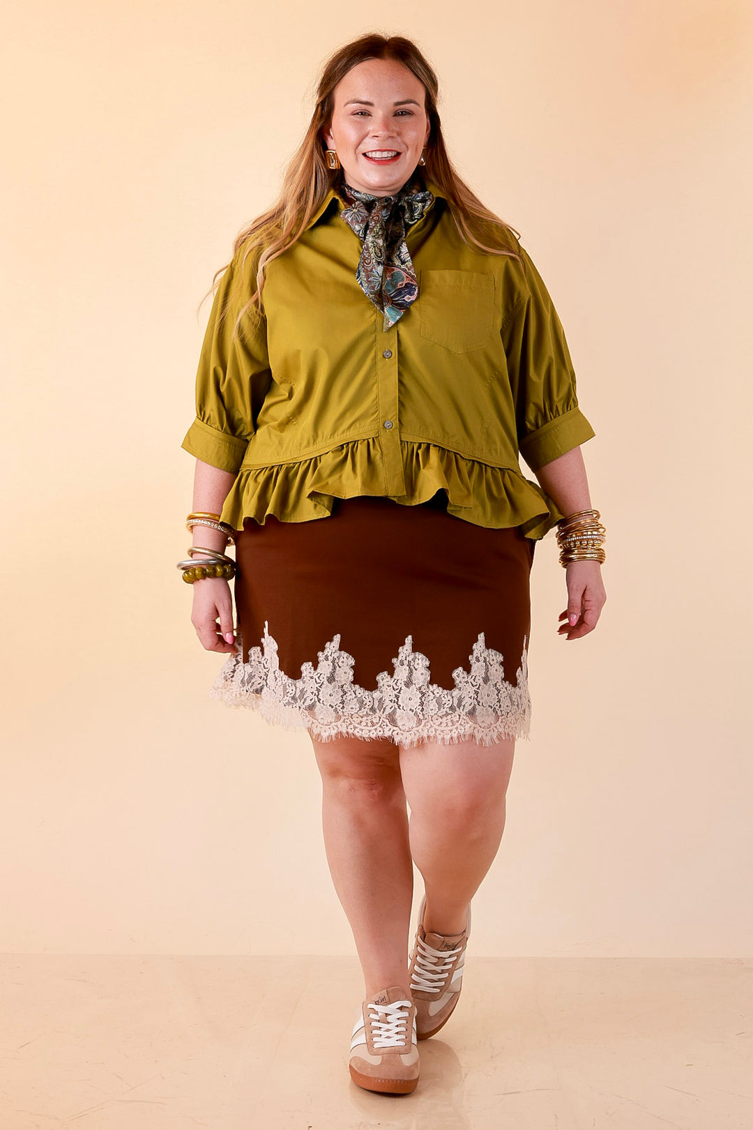 Style Agenda Solid Button Down Peplum Top in Chartreuse Olive Green