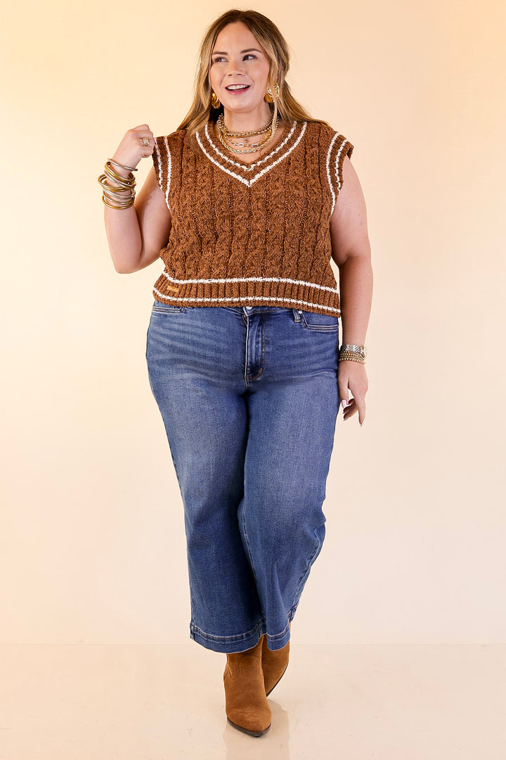 Simply Southern | Bliss Cable Knit Teddy Sweater Vest with V-Neckline and Contrast Trim in Umber Brown