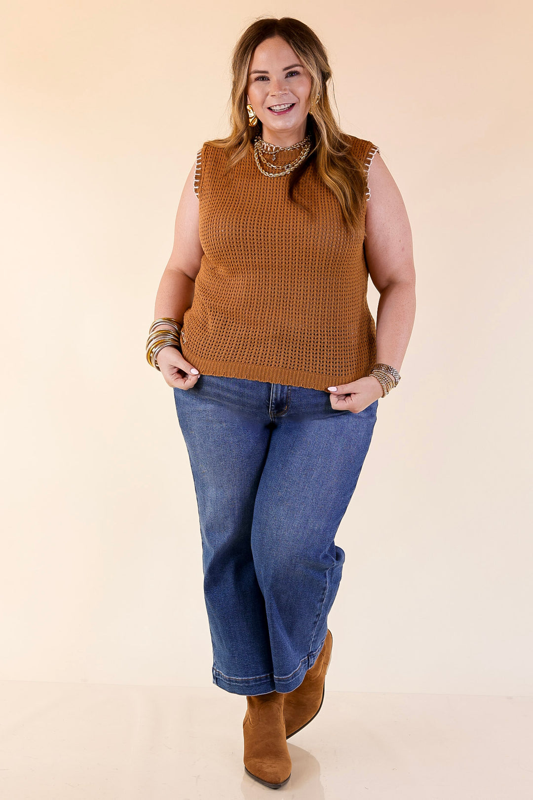 Simply Southern | Olivia Large Knit Sweater Vest with Contrast White Stitching in Tan Brown