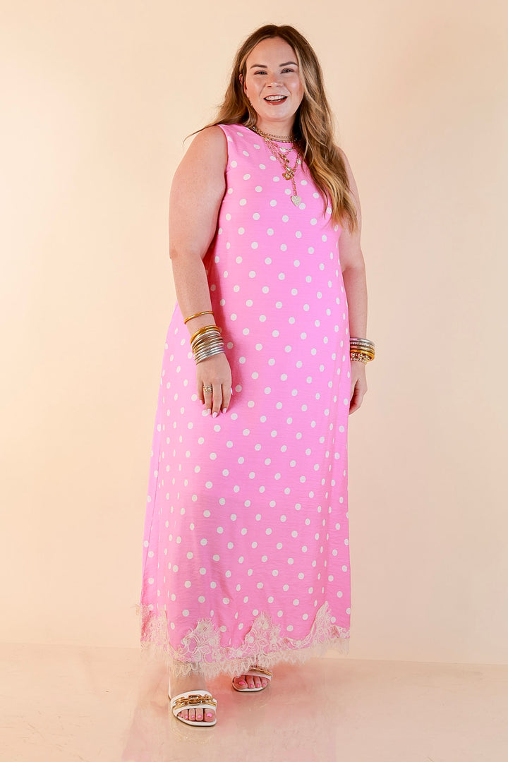 Sweet Little Something Polka Dot Sleeveless Maxi Dress with Lace Trim in Pink