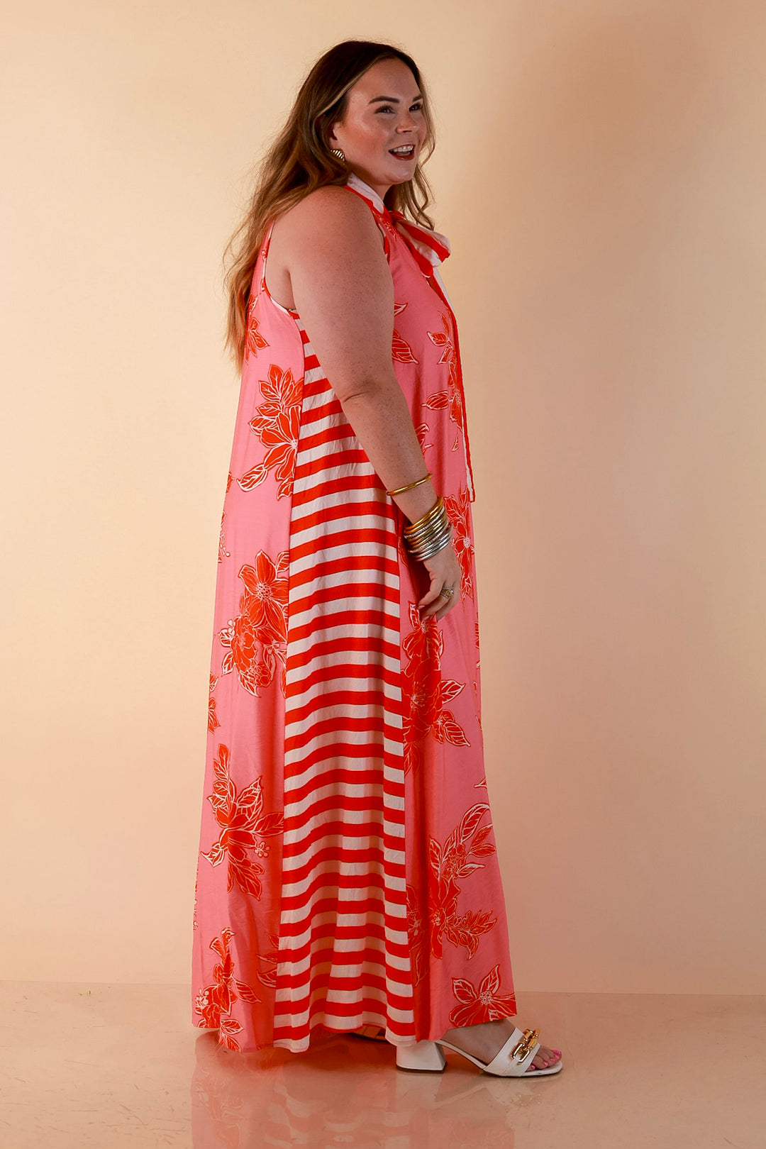 Meet Me in Palm Beach Floral Print Halter Maxi Dress with Adjustable Bow Tie Neck in Pink and Orange