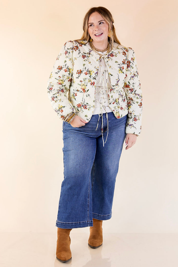 Chic in Bloom Quilted Floral Jacket with Front Ties in Ivory