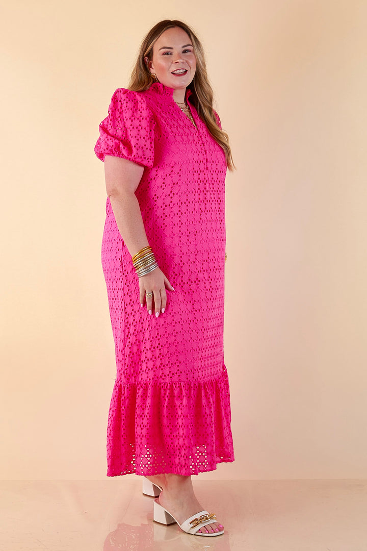 Meet Me at Sunset Eyelet Lace Puff Sleeve Tiered Maxi Dress in Hot Pink