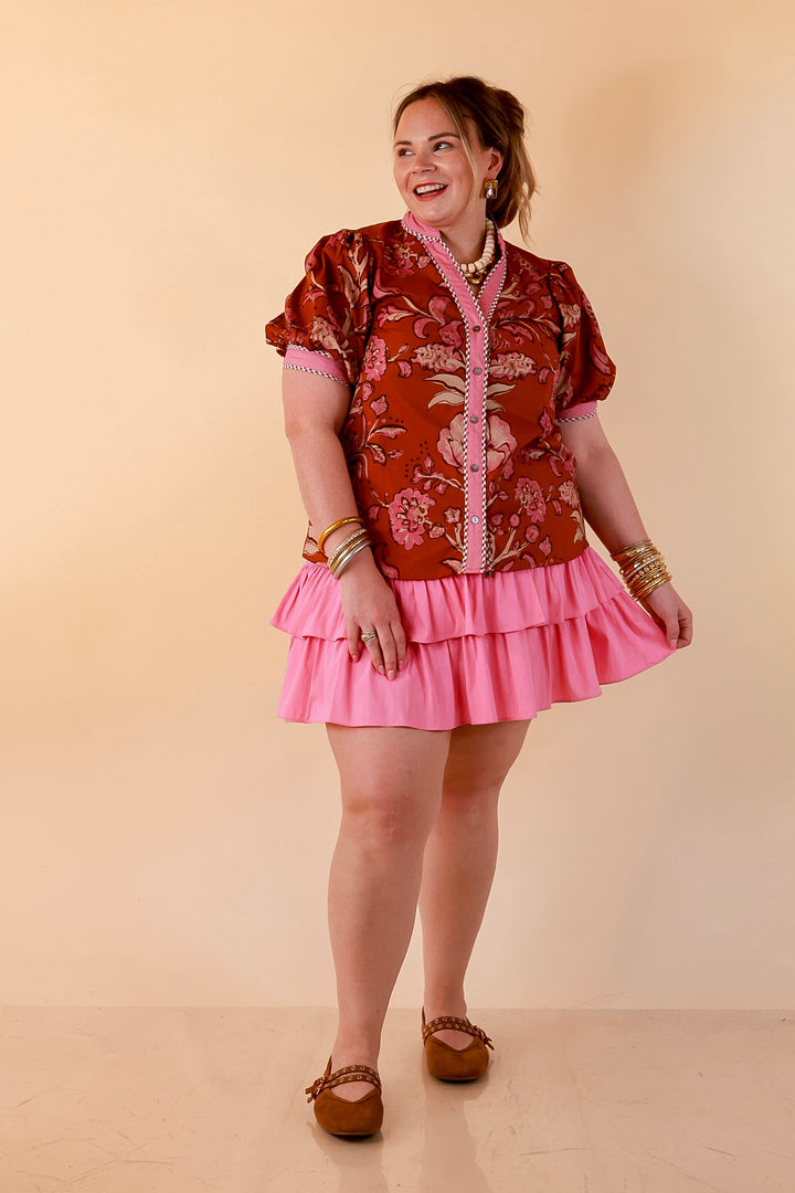 Pop of Polish Short Puff Sleeve Button Front Floral Top with Contrast Trim in Rust Orange and Pink