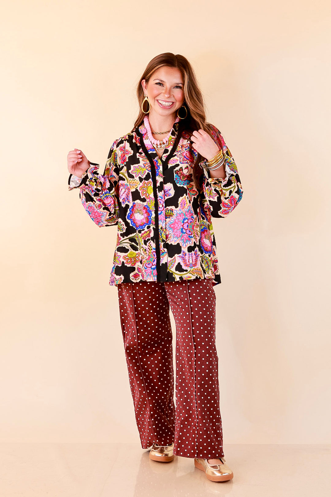 Petal Pop Floral Print Ruffle Front Button Up Long Sleeve Top with Balloon Sleeves in Black