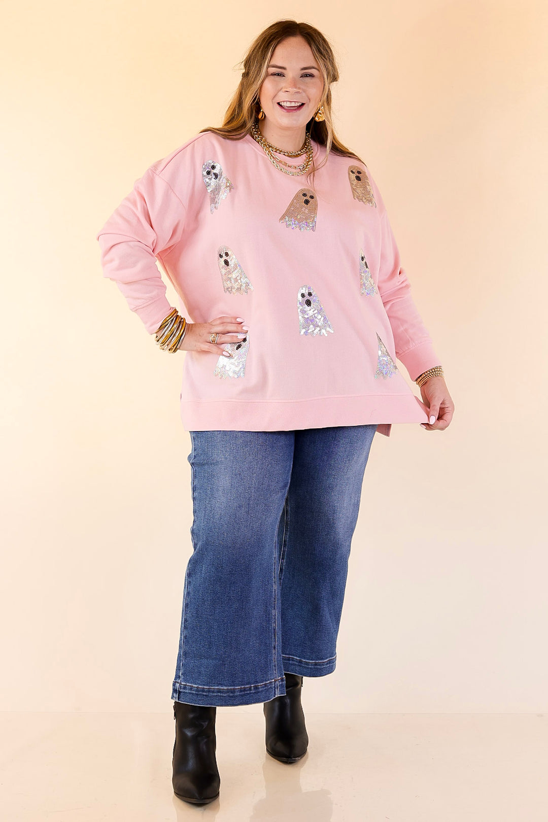 Mud Pie | Too Cute to Spook Crew Neck Sweatshirt with Side Slits and Sequin Ghosts in Pink