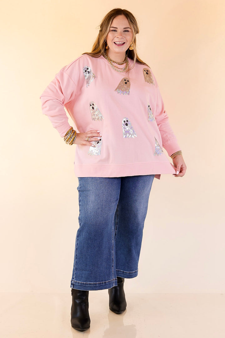 Mud Pie | Too Cute to Spook Crew Neck Sweatshirt with Side Slits and Sequin Ghosts in Pink
