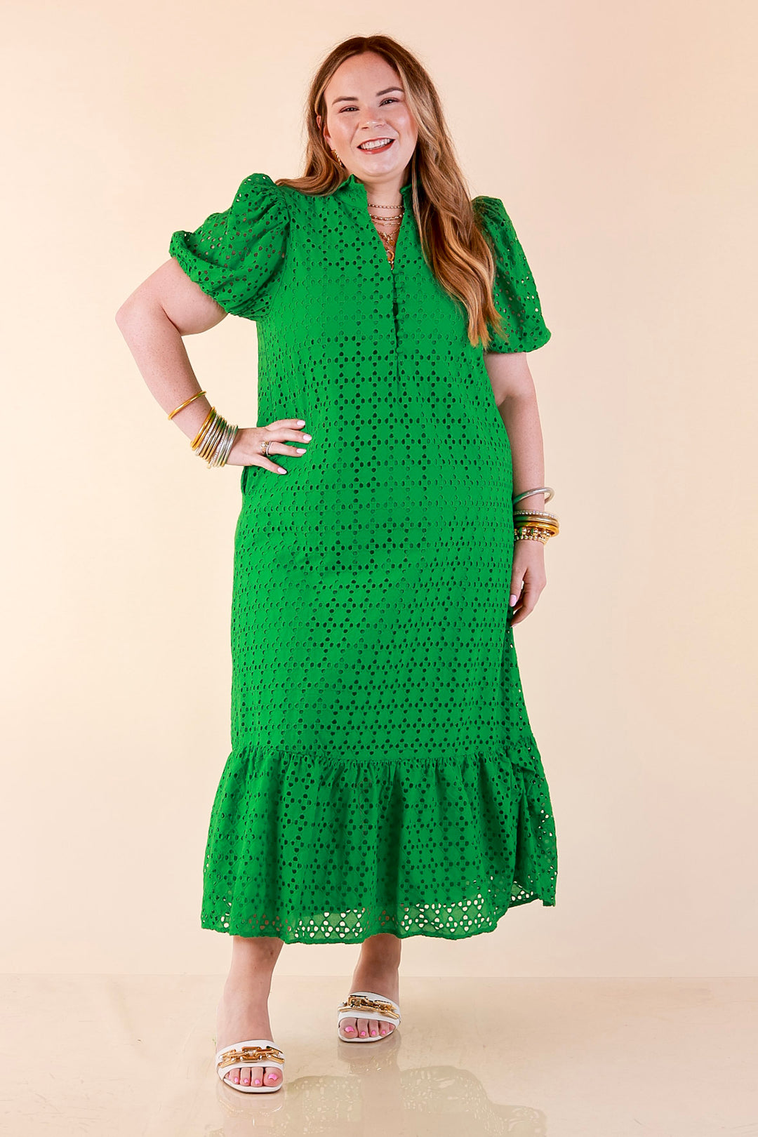 Meet Me at Sunset Eyelet Lace Puff Sleeve Tiered Maxi Dress in Kelly Green