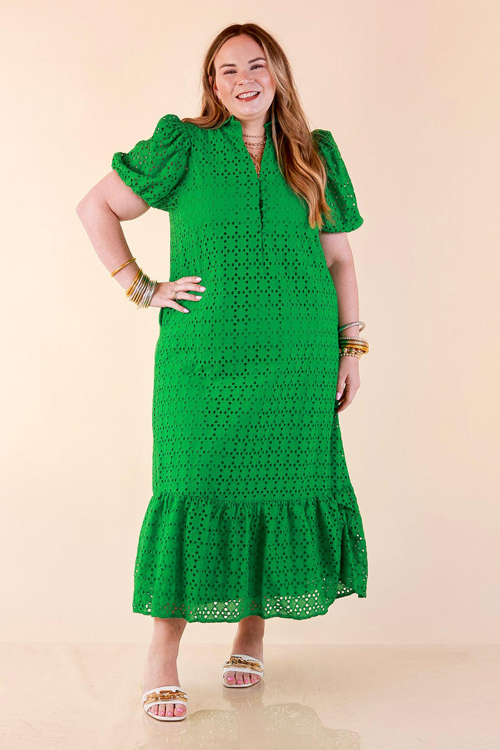 Meet Me at Sunset Eyelet Lace Puff Sleeve Tiered Maxi Dress in Kelly Green