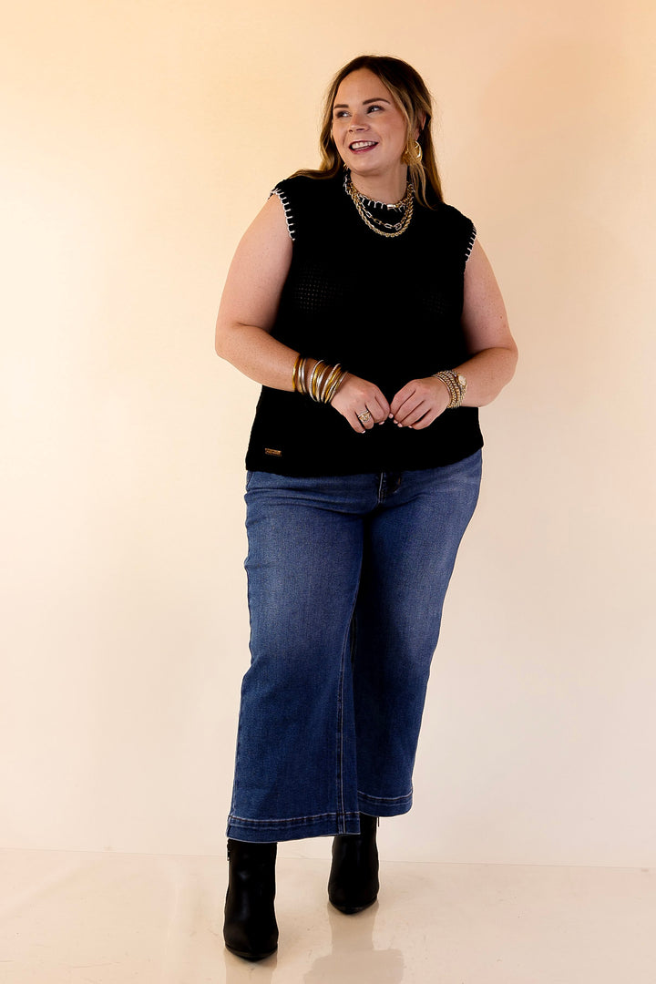 Simply Southern | Olivia Large Knit Sweater Vest with Contrast White Stitching in Black