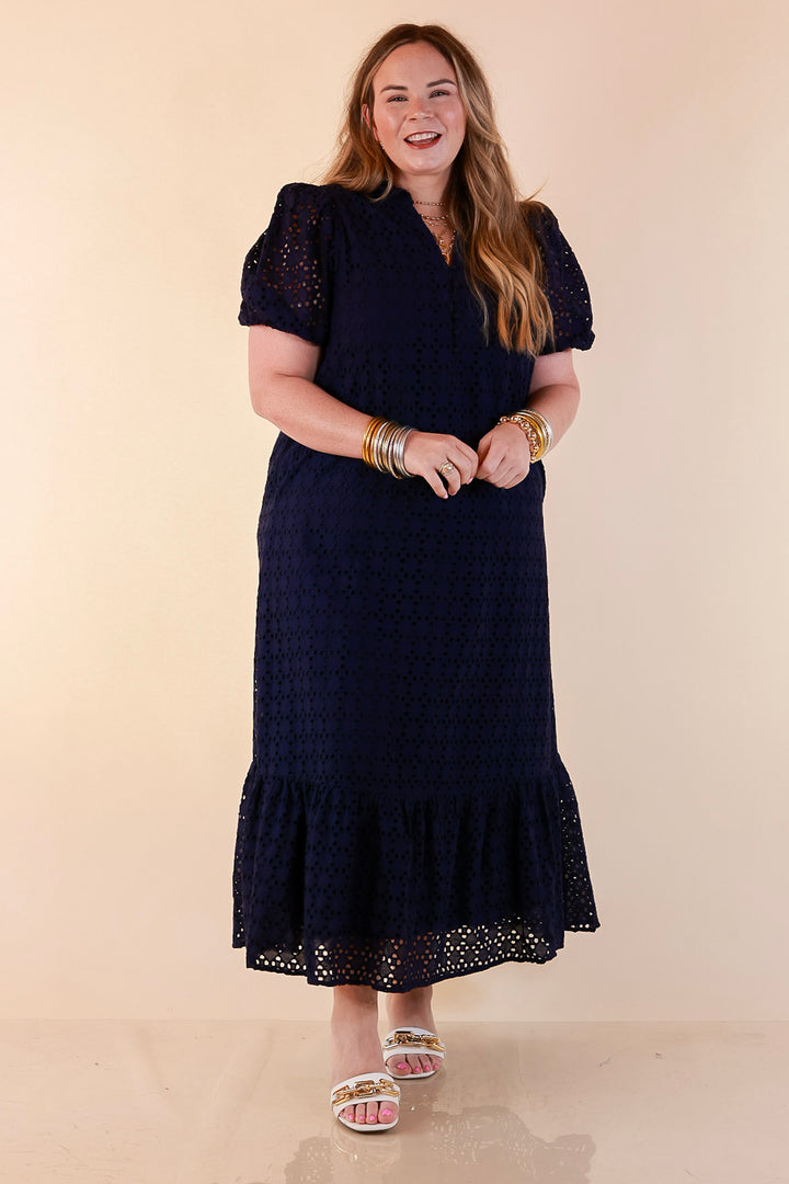 Meet Me at Sunset Eyelet Lace Puff Sleeve Tiered Maxi Dress in Navy Blue