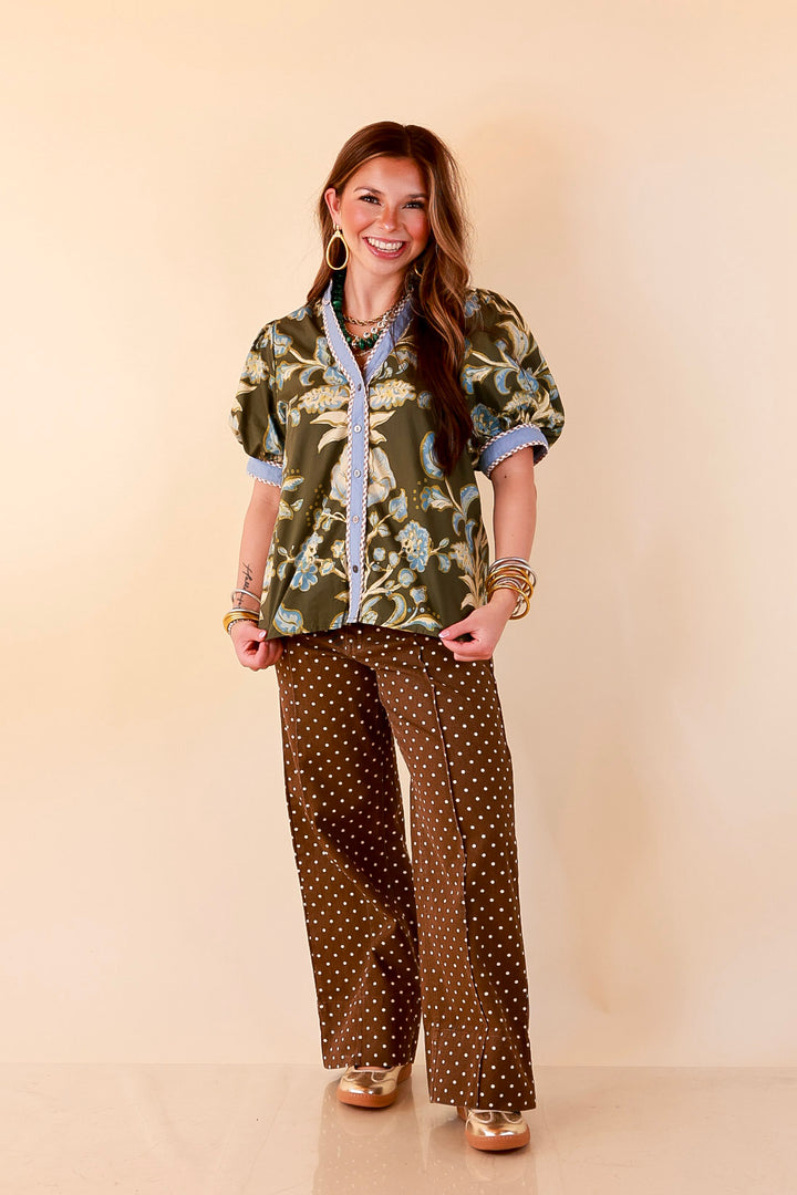 Pop of Polish Short Puff Sleeve Button Front Floral Top with Contrast Trim in Olive Green and Blue