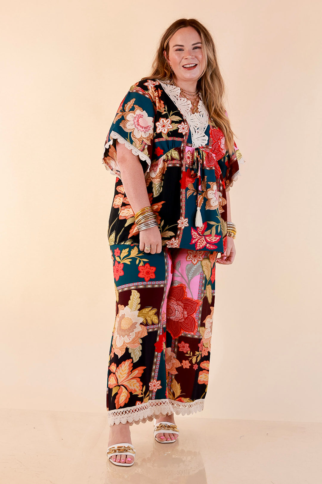 Patchwork Flair Floral Patchwork Print Wide Leg Pants with Lace Trim in Pink Mix