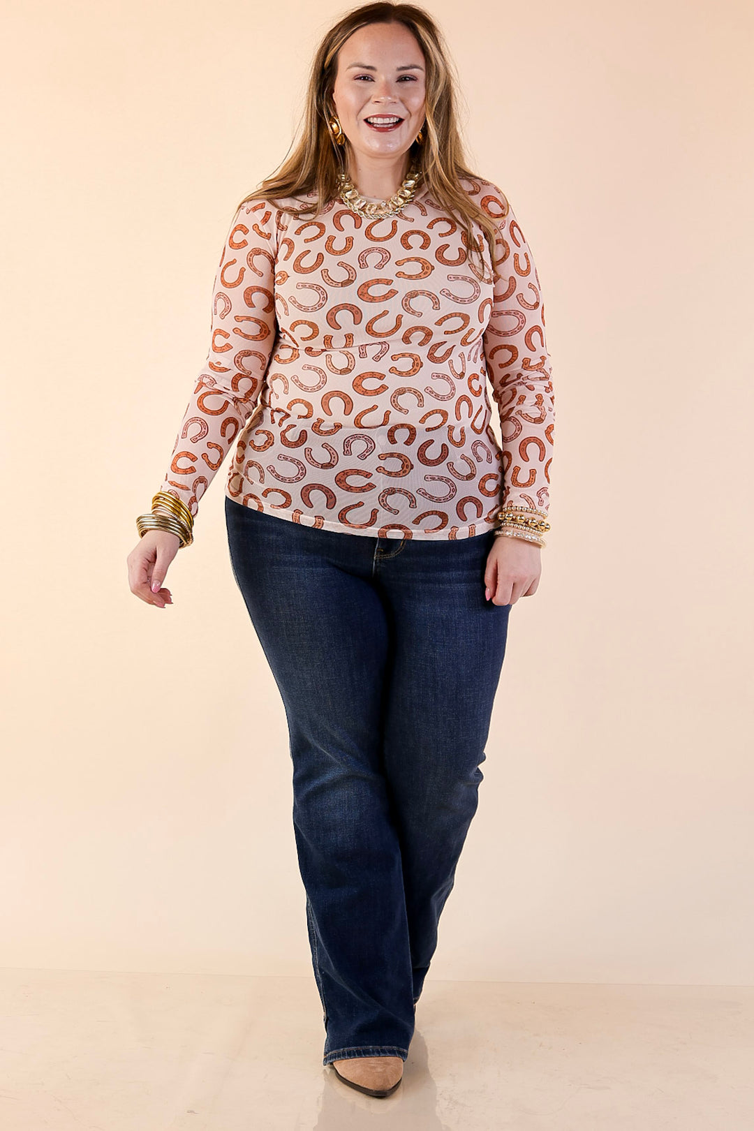 The Perfect Layer Horseshoe Print Mesh Long Sleeve Top in Cream and Brown