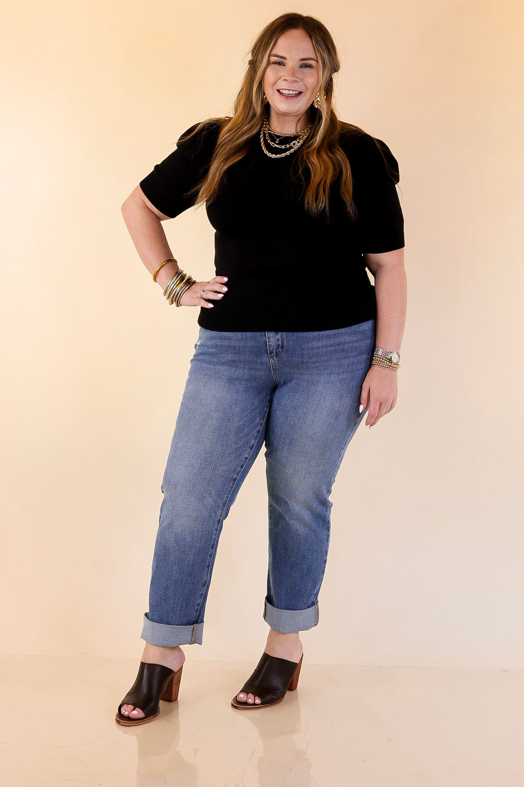 Sweet Sophistication Puff Short Sleeve Knit Sweater with Scoop Neck in Black